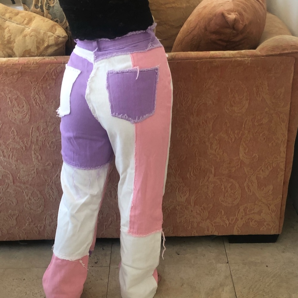 patchwork pink white and purple wide leg jeans